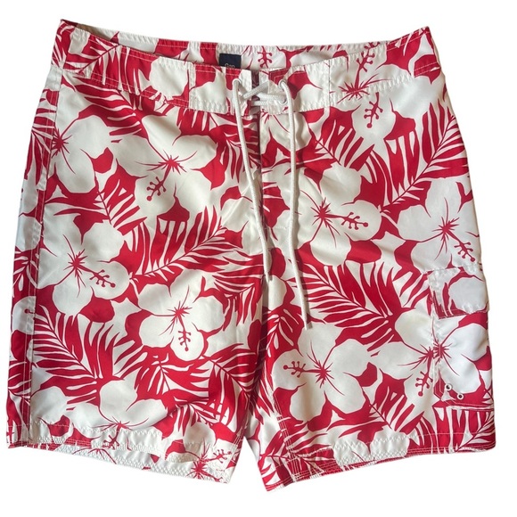 GAP Men’s Red White Hawaiian Swim Trunks Beach Shorts Drawstring Mesh Lined Lrg - Picture 1 of 13